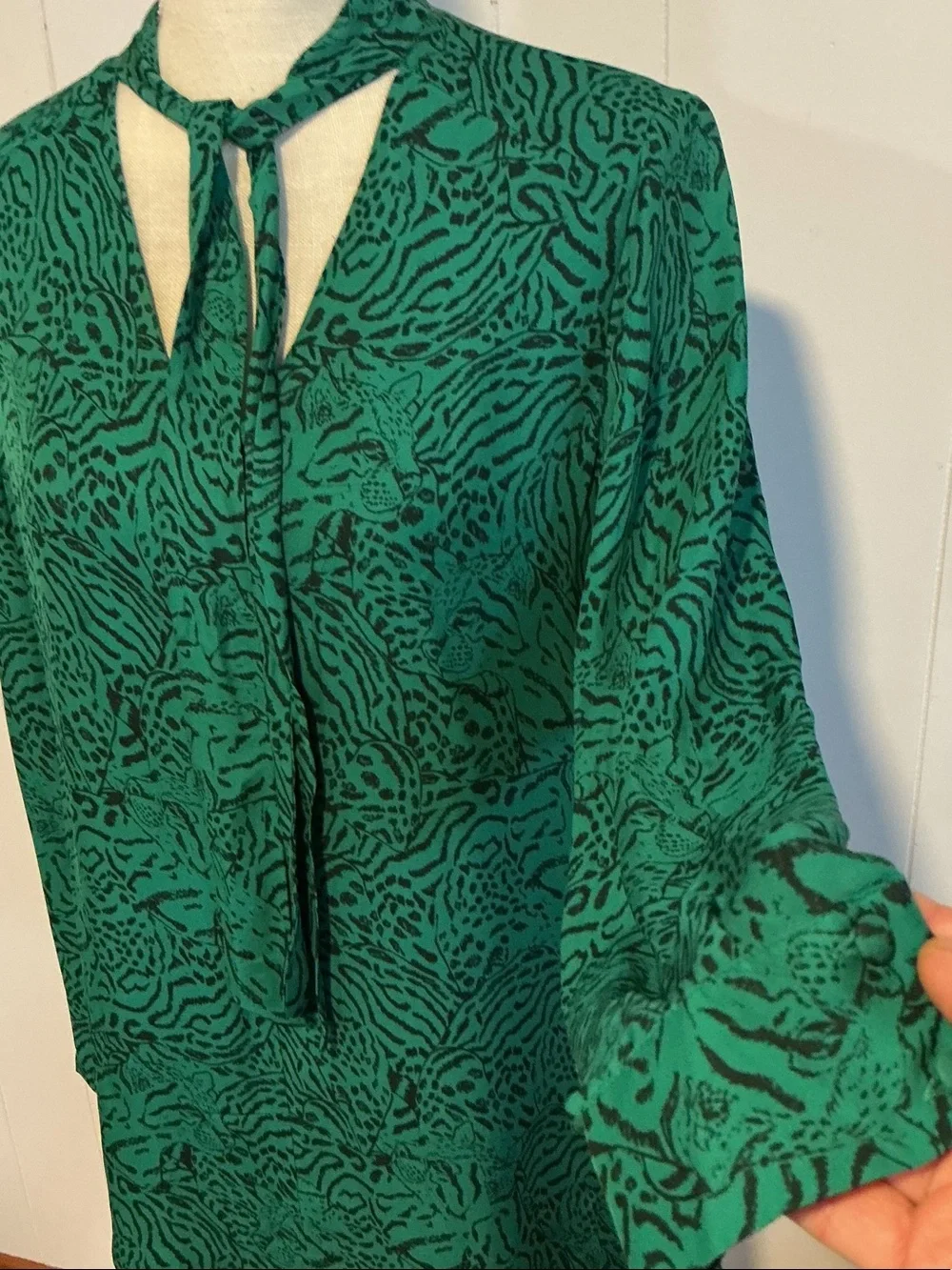 Parker Green Printed Long-Sleeve Tie-Neck Dress